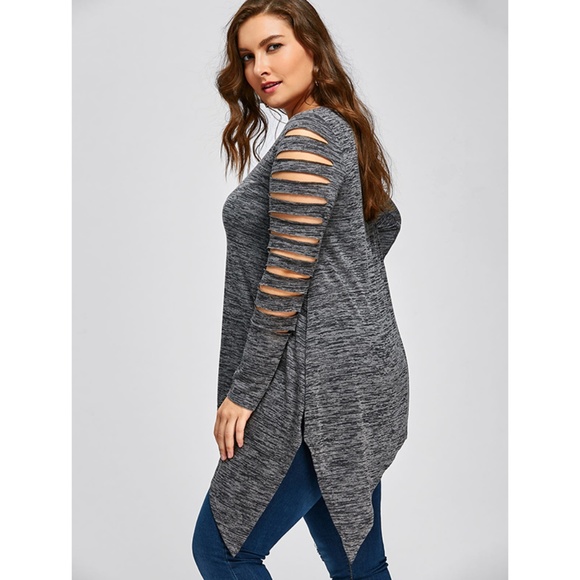 Plus Size Ripped Sleeve Handkerchief Top - Gray - Picture 4 of 7